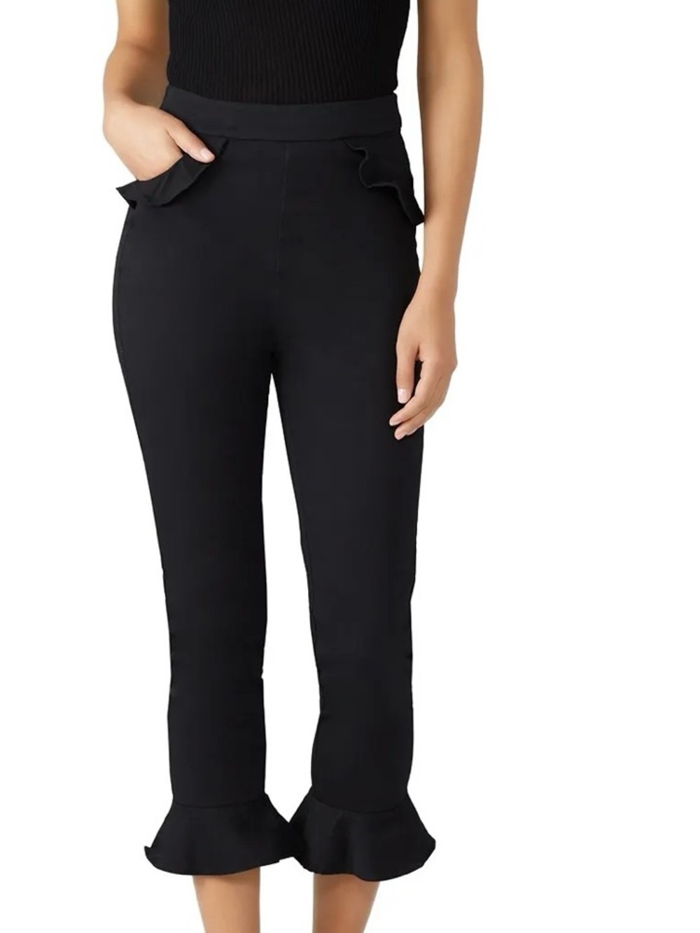 Finders Keepers destination pants Small Black Cropped Ruffle-Hem Ponte Pants